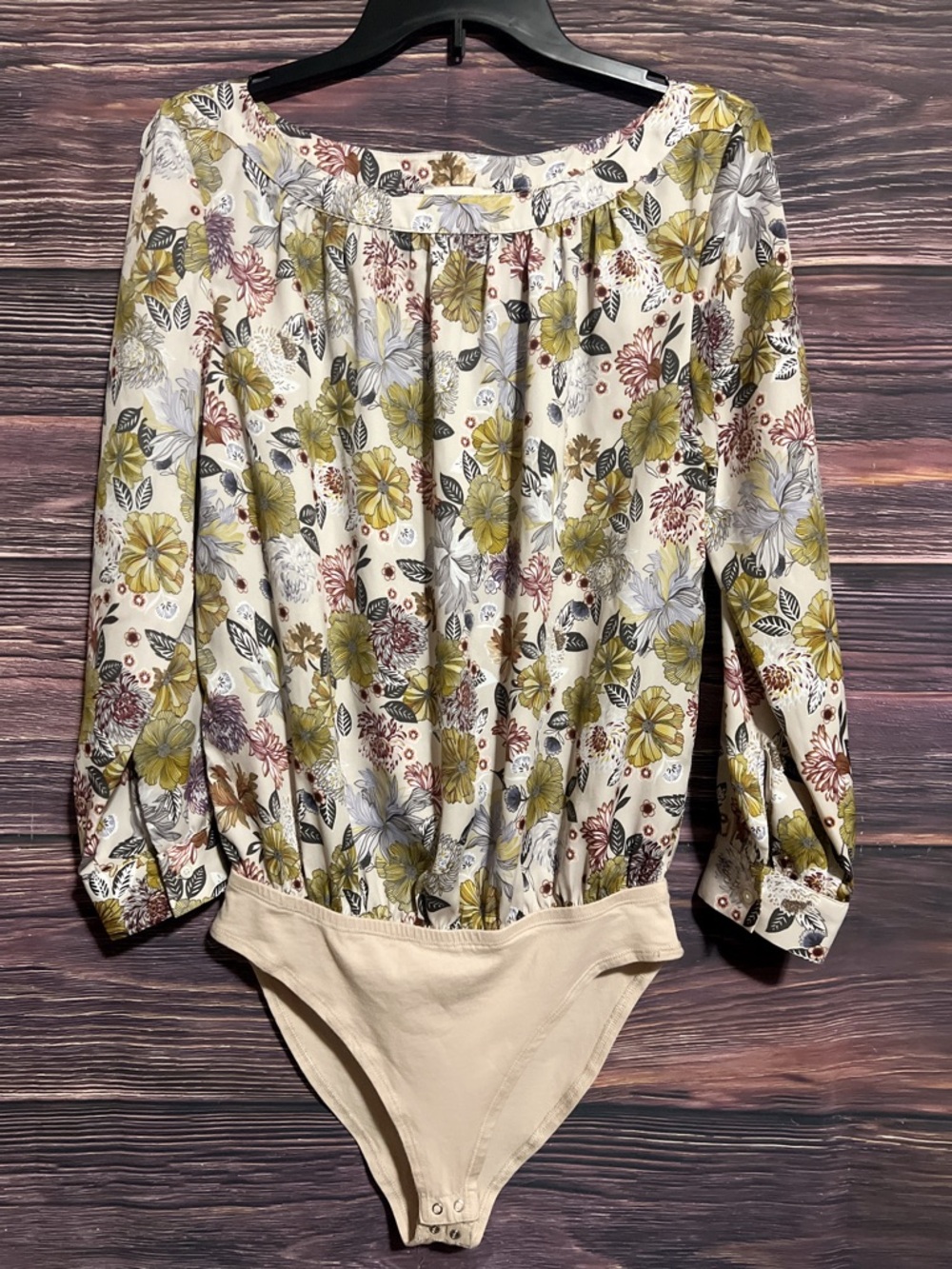 LOFT Cream Floral Long-Sleeve Bodysuit with Olive Accents
